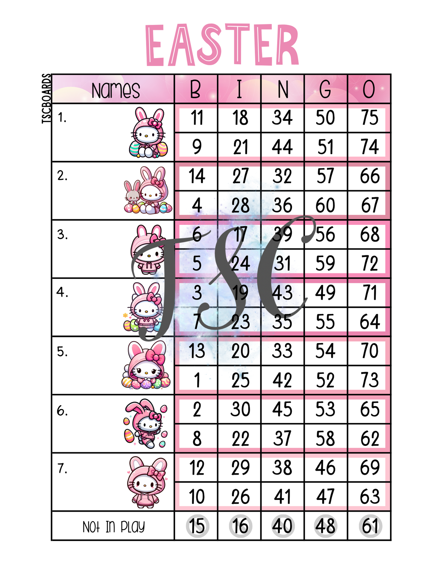 Easter Kitty Mini Block Bingo Board 1-75 Ball