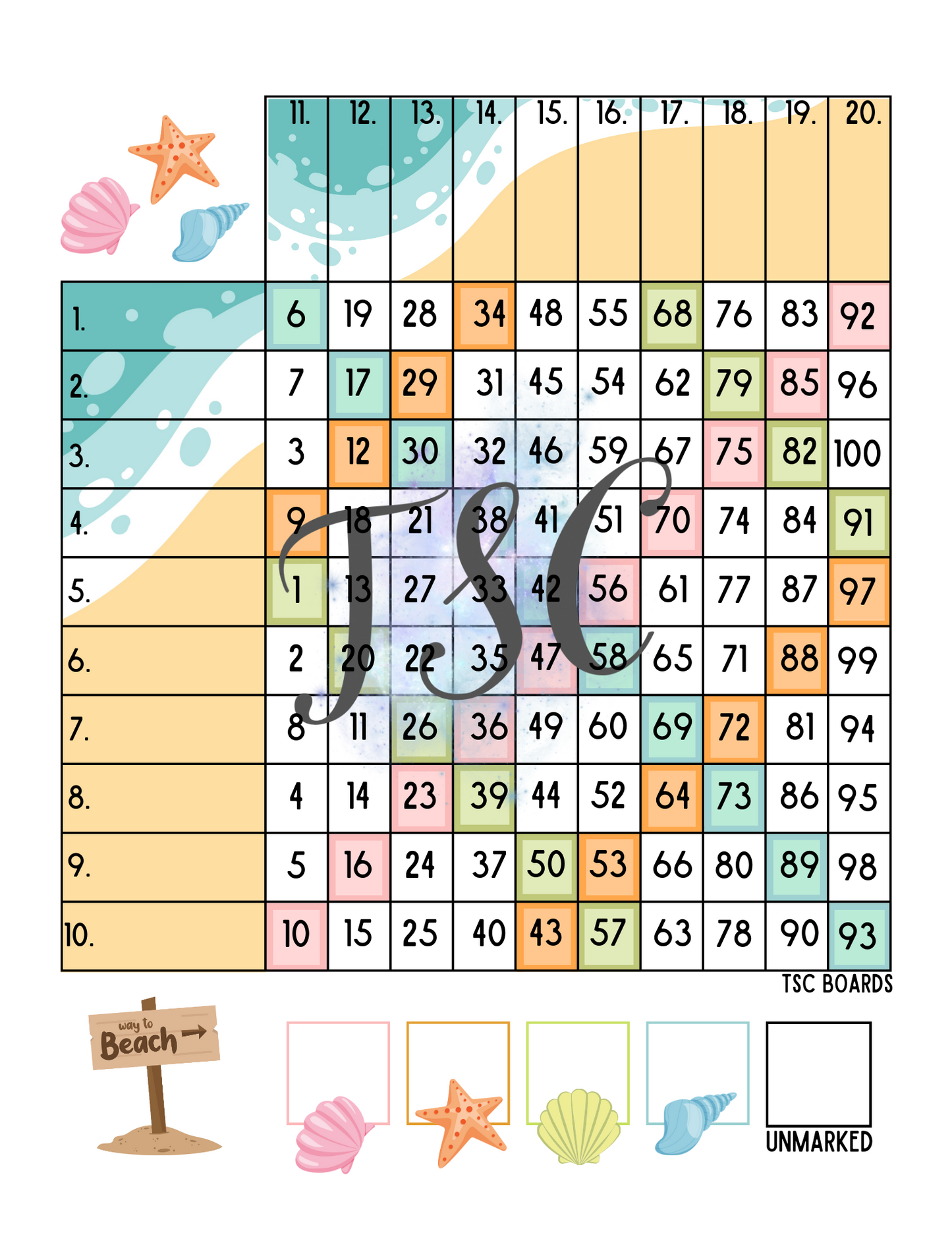 Beach Grid Bingo Board 1-100 Ball