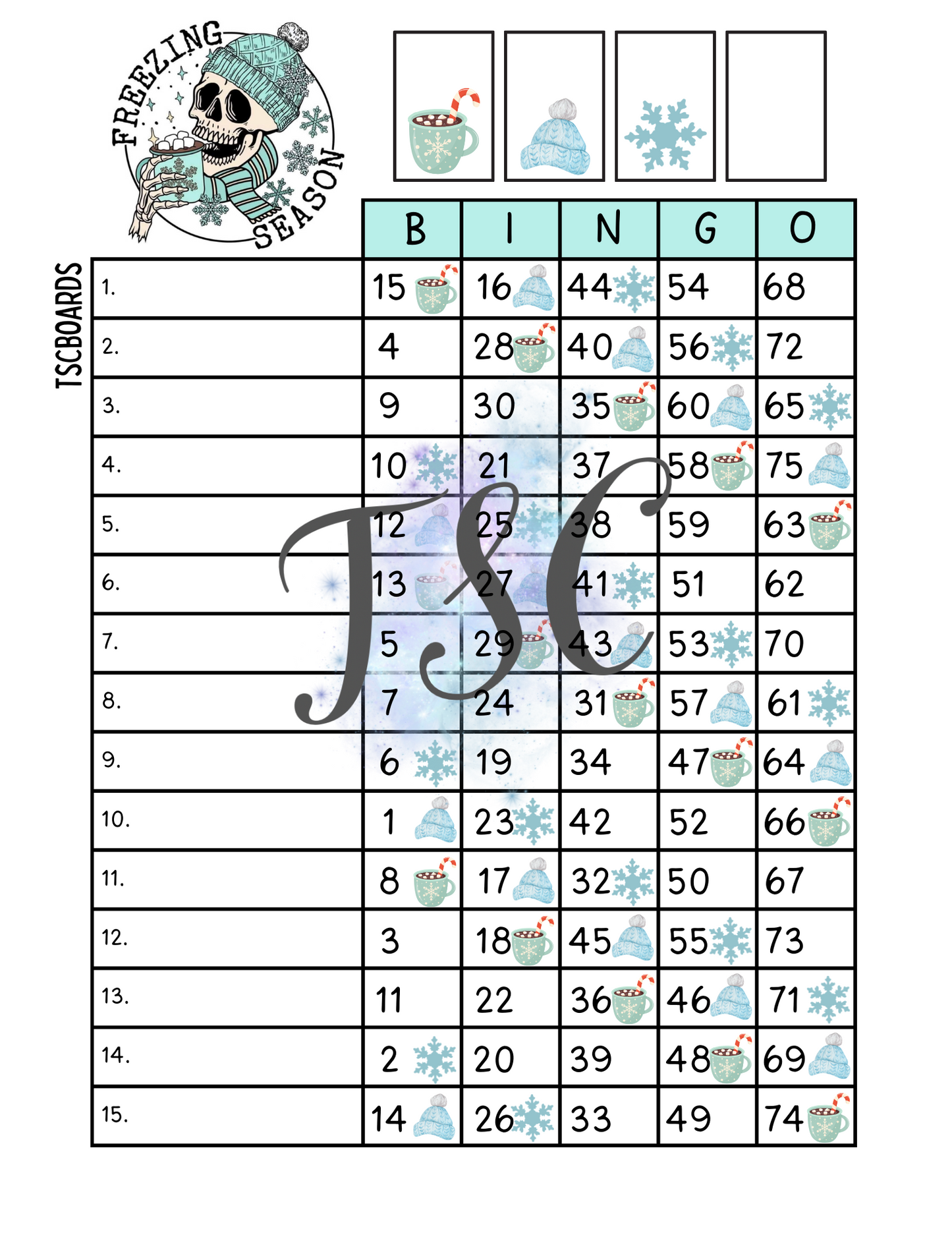 Freezing Season Bingo Board 1-75 Ball