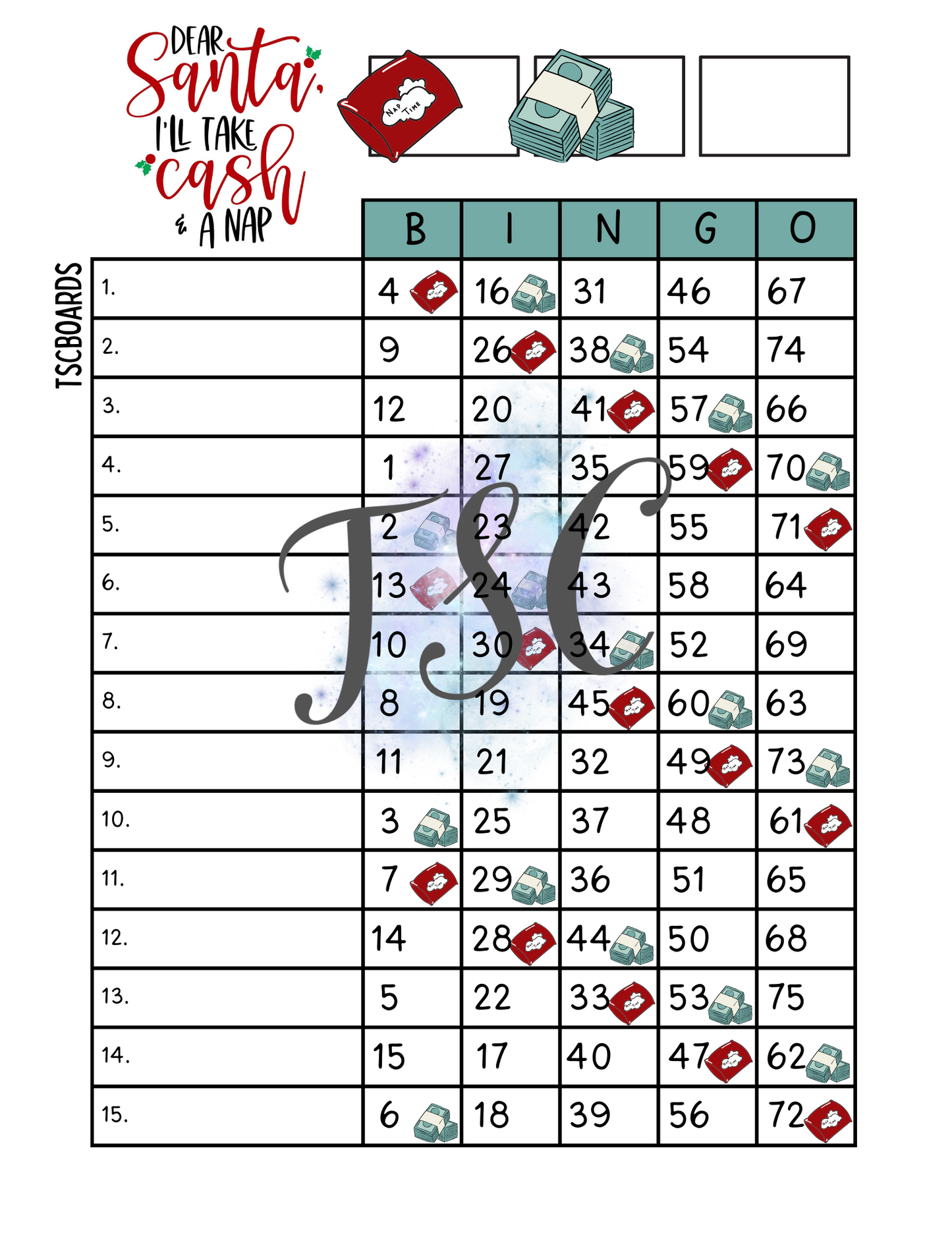 Dear Santa Ill Take Cash & A Nap Bingo Board 1-75 Ball
