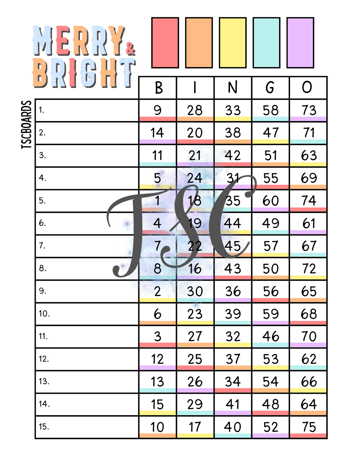 Merry & Bright Rainbow Bingo Board 1-75 Ball
