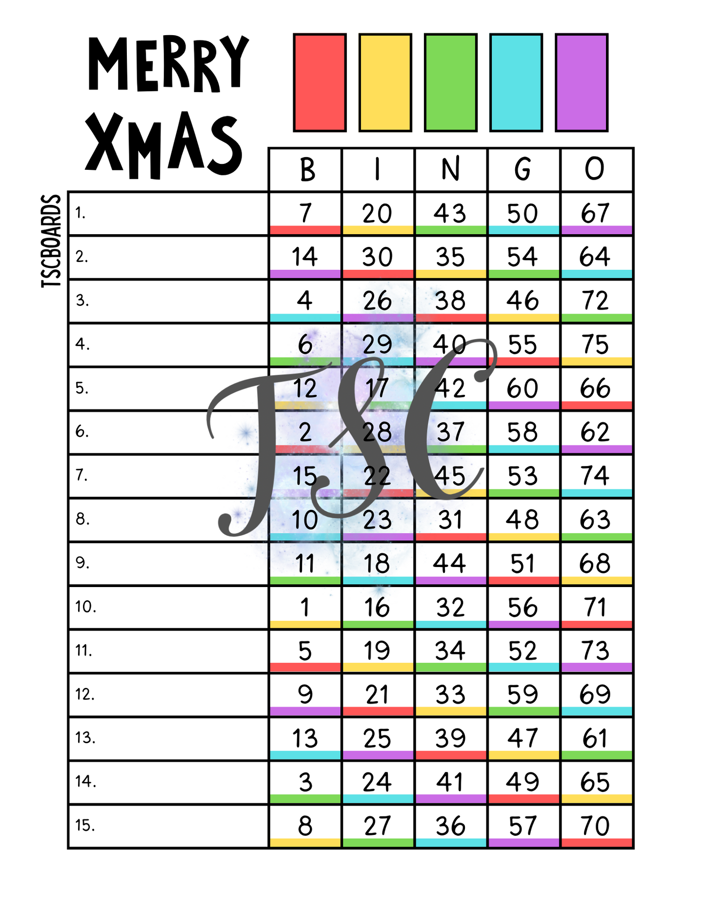 Merry Xmas Rainbow Bingo Board 1-75 Ball