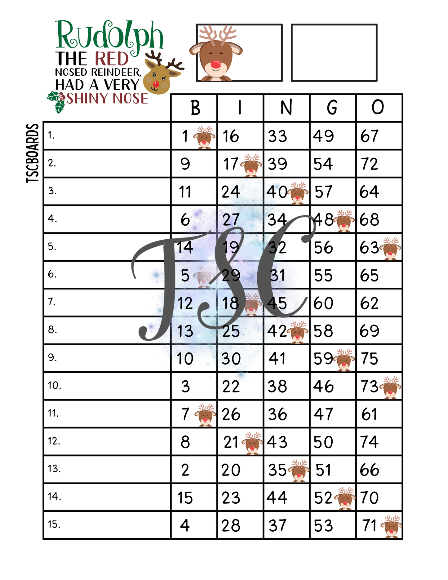 Rudolph Bingo Board 1-75 Ball