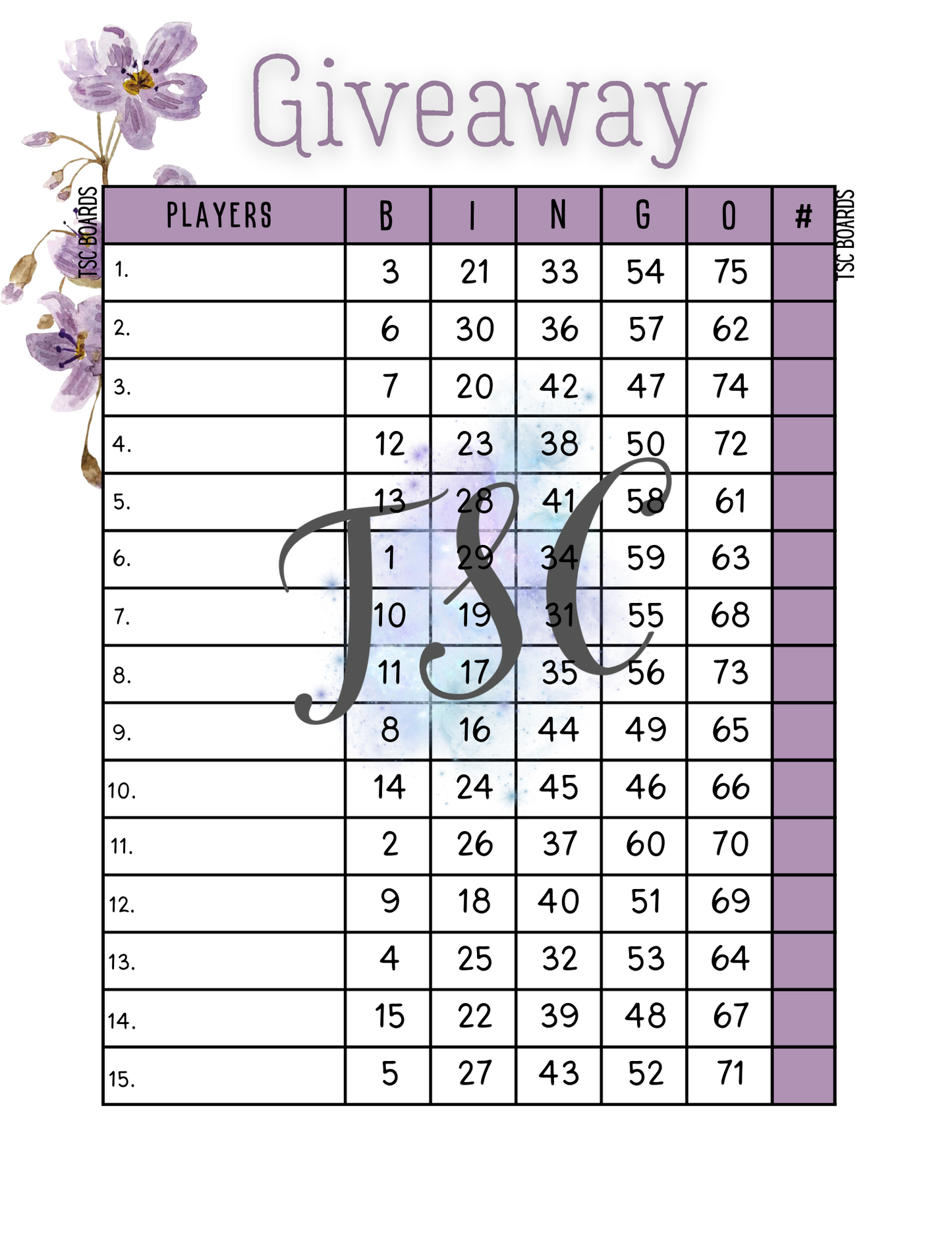 Giveaway Purple Bingo Board 1-75 Ball 15 Lines