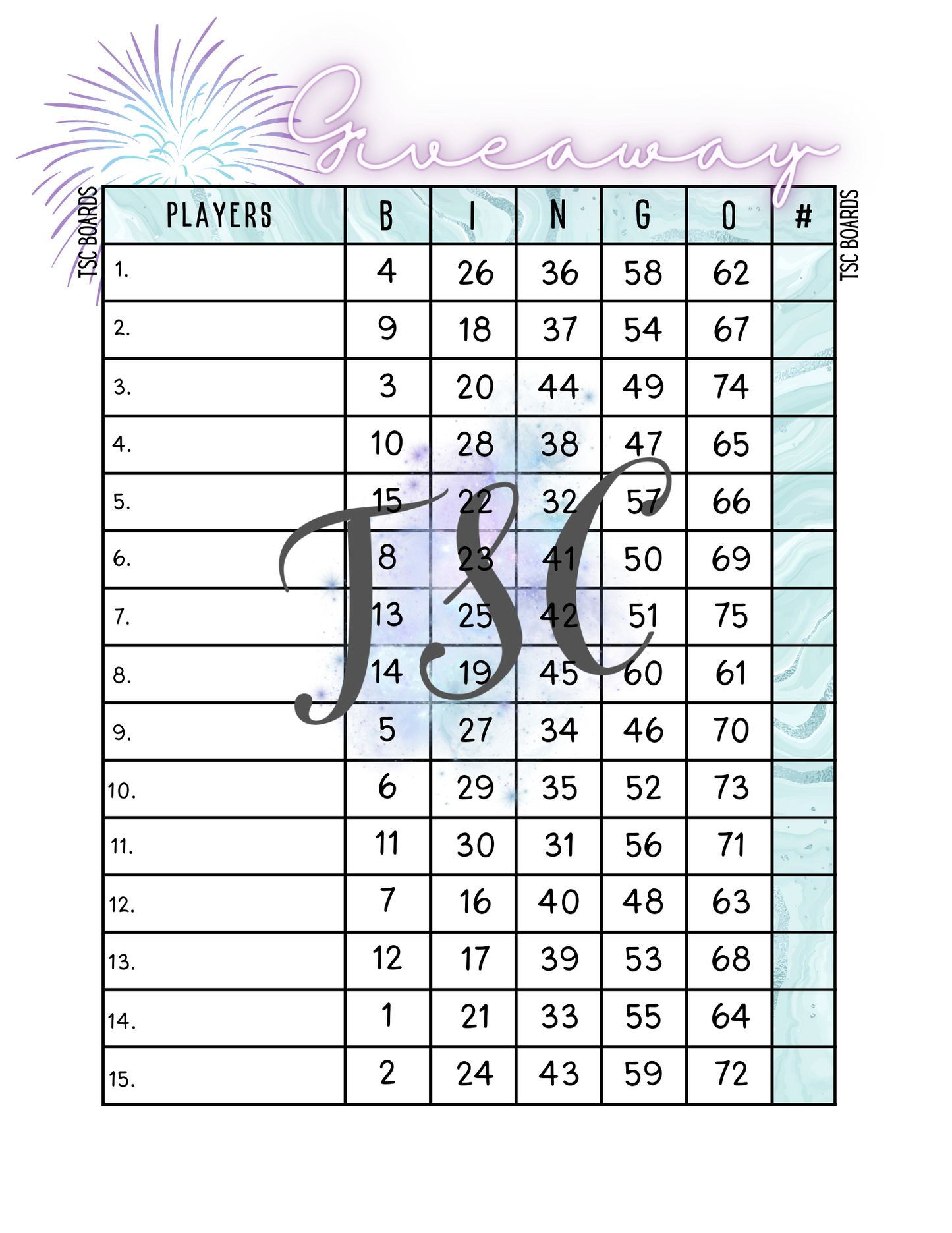 Giveaway Bingo Board 1-75 Ball 15 Lines