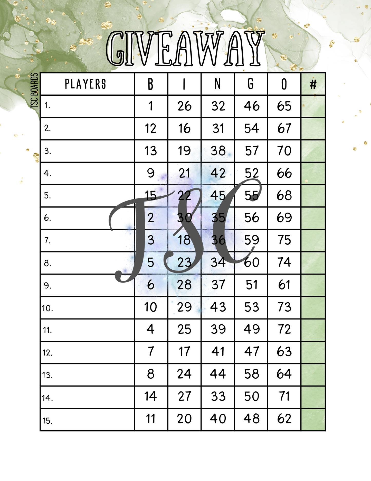 Giveaway Green Bingo Board 1-75 Ball 15 Lines