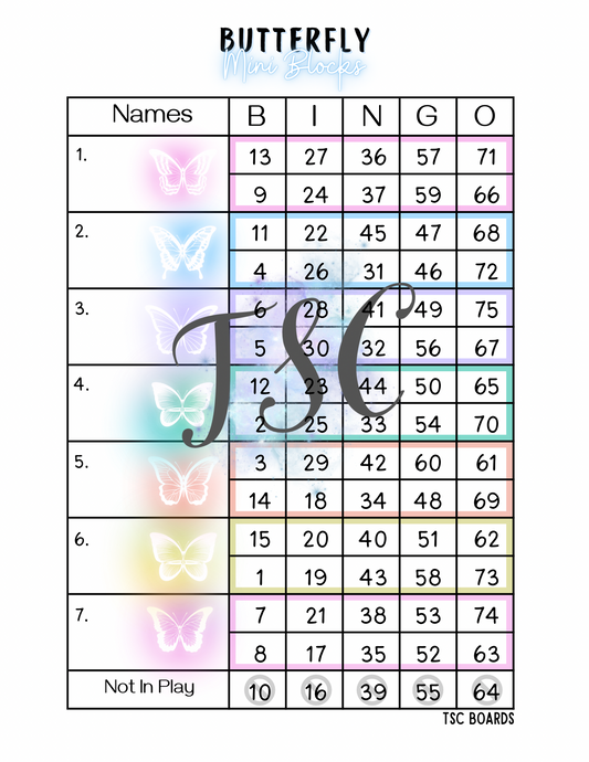 Neon Butterfly Mini Blocks Bingo Board 1-75 Ball