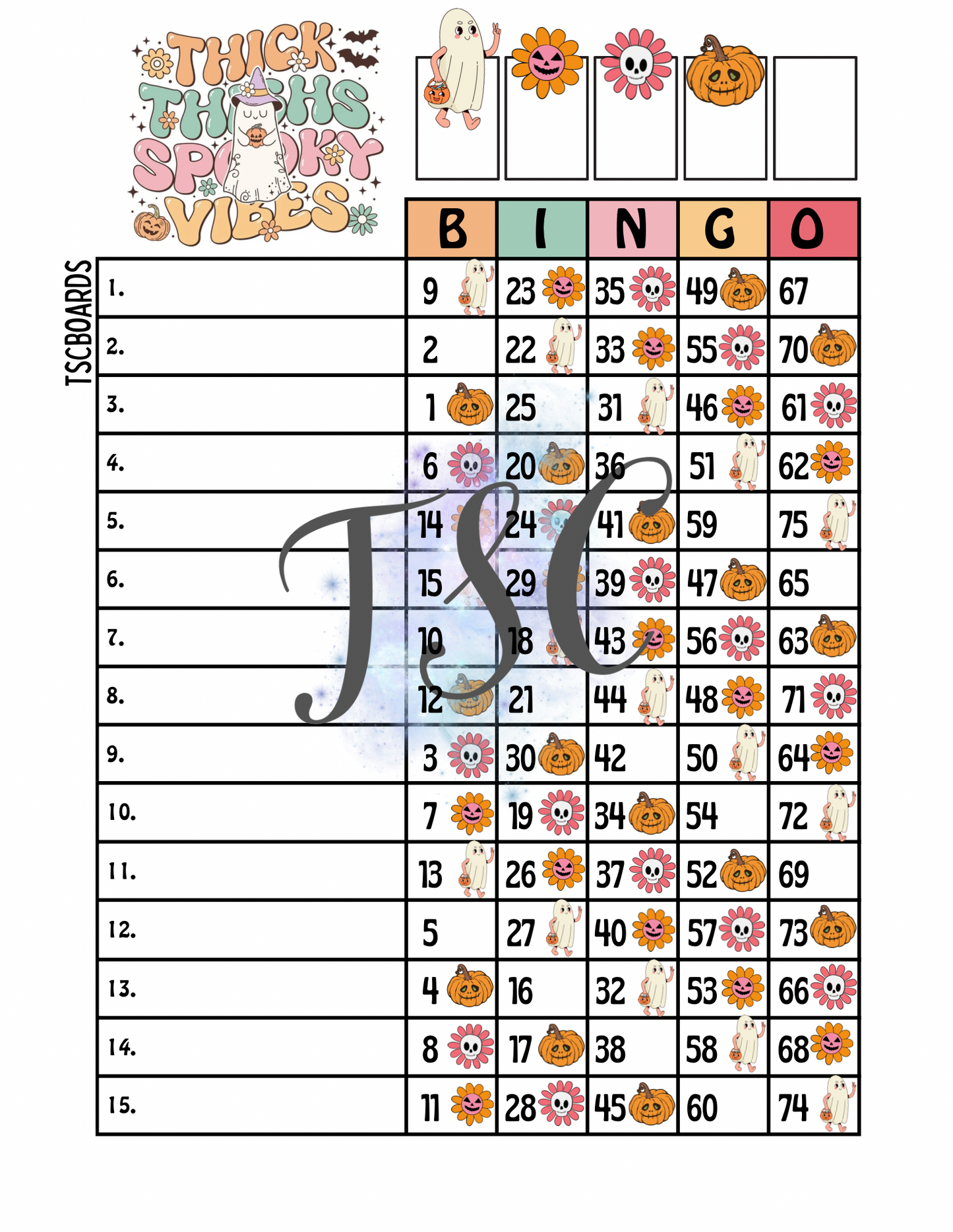 Thick Thighs Spooky Vibes Bingo Board 1-75 Ball