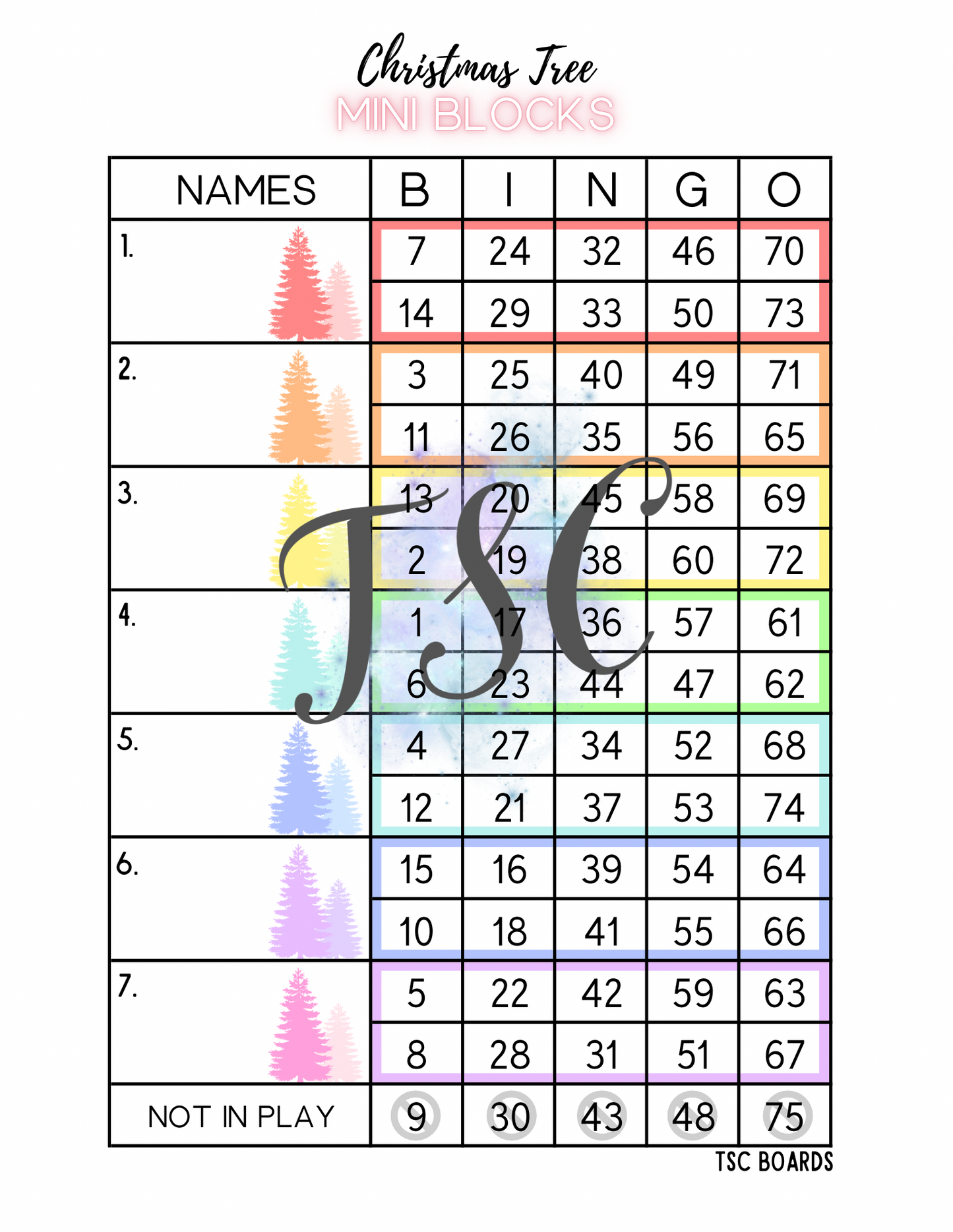 Christmas Tree Mini Blocks Bingo Board 1-75 Ball