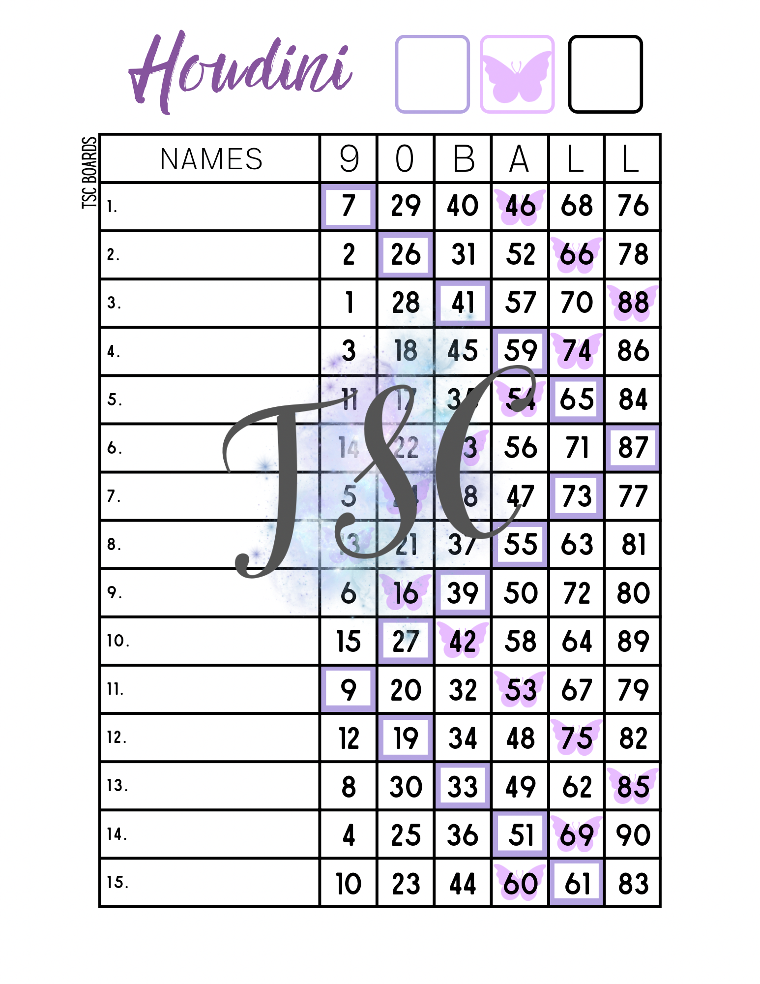 Purple Butterfly Houdini Bingo Board 190 Ball 115 Line TSCBoards