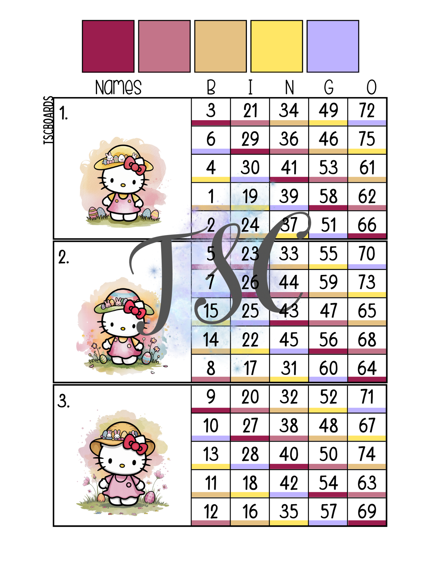 Easter Kitty Main Block Bingo Board 1-75 Ball