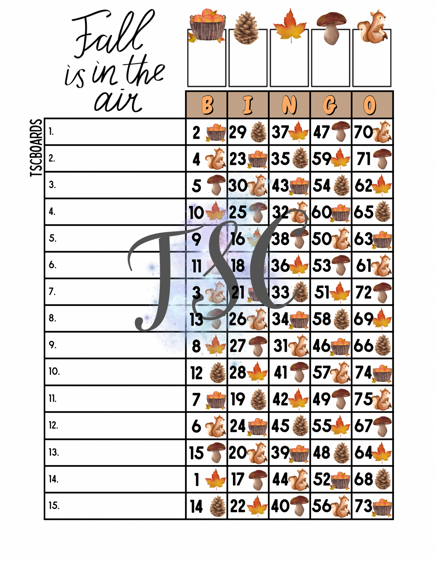 Fall Is In The Air Bingo Board 1-75 Ball