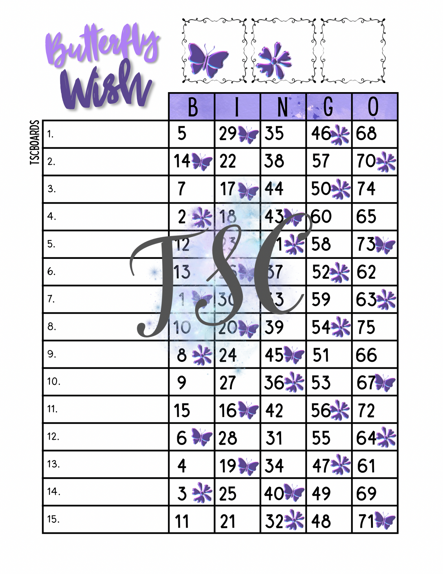 Butterfly Wish Bingo Board 1-75 Ball