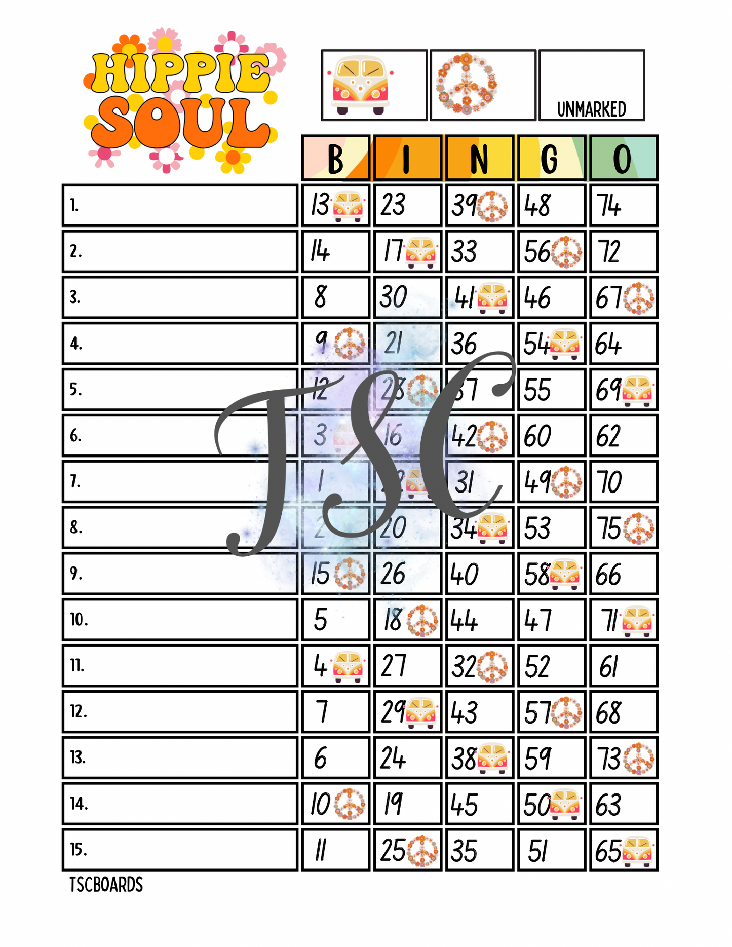 Hippie Soul Bingo Board 1-75 Ball