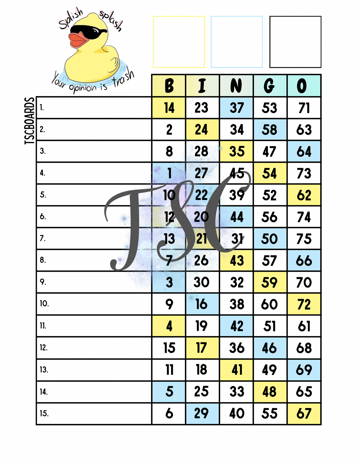 Splish Splash Bingo Board 1-75 Ball