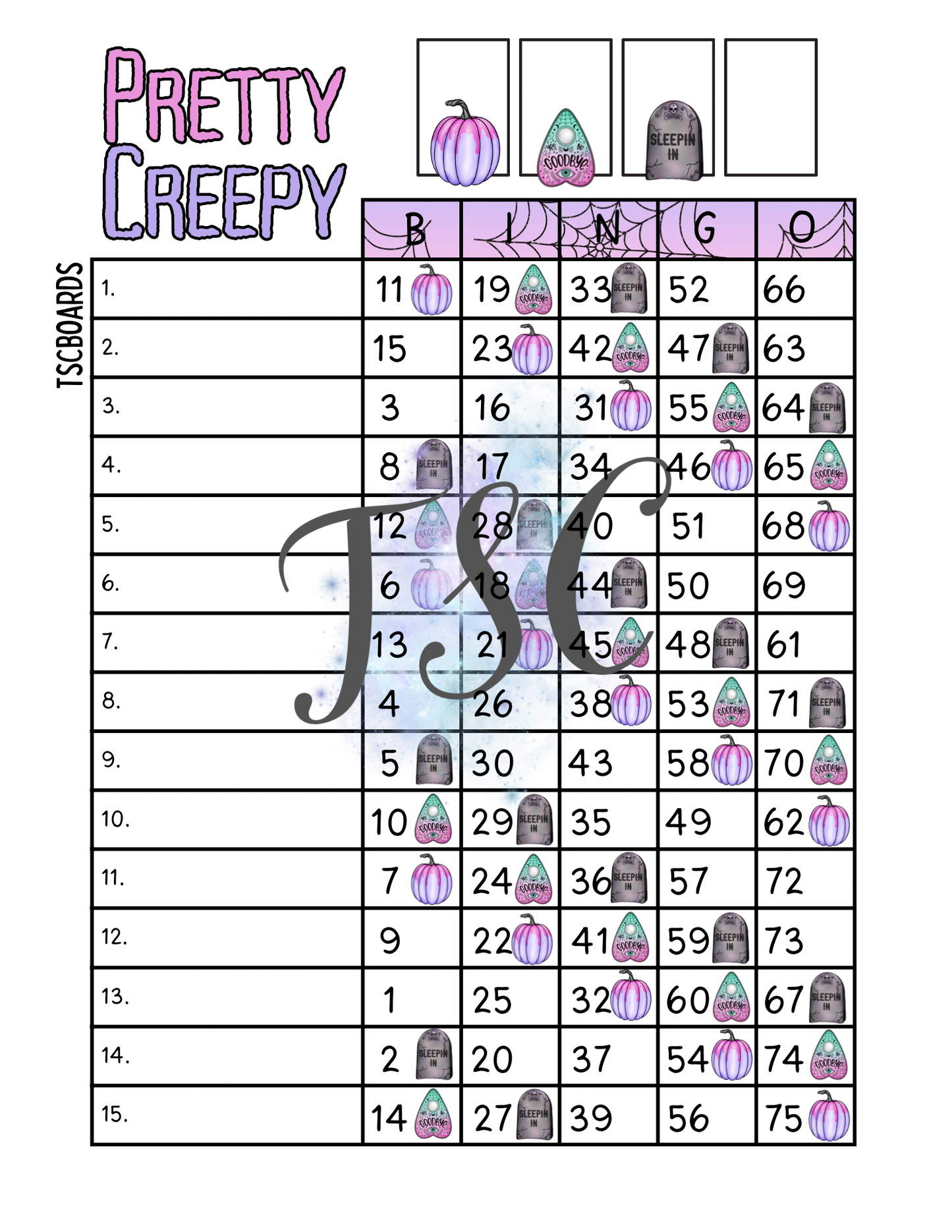 Pretty Creepy Bingo Board 1-75 Ball