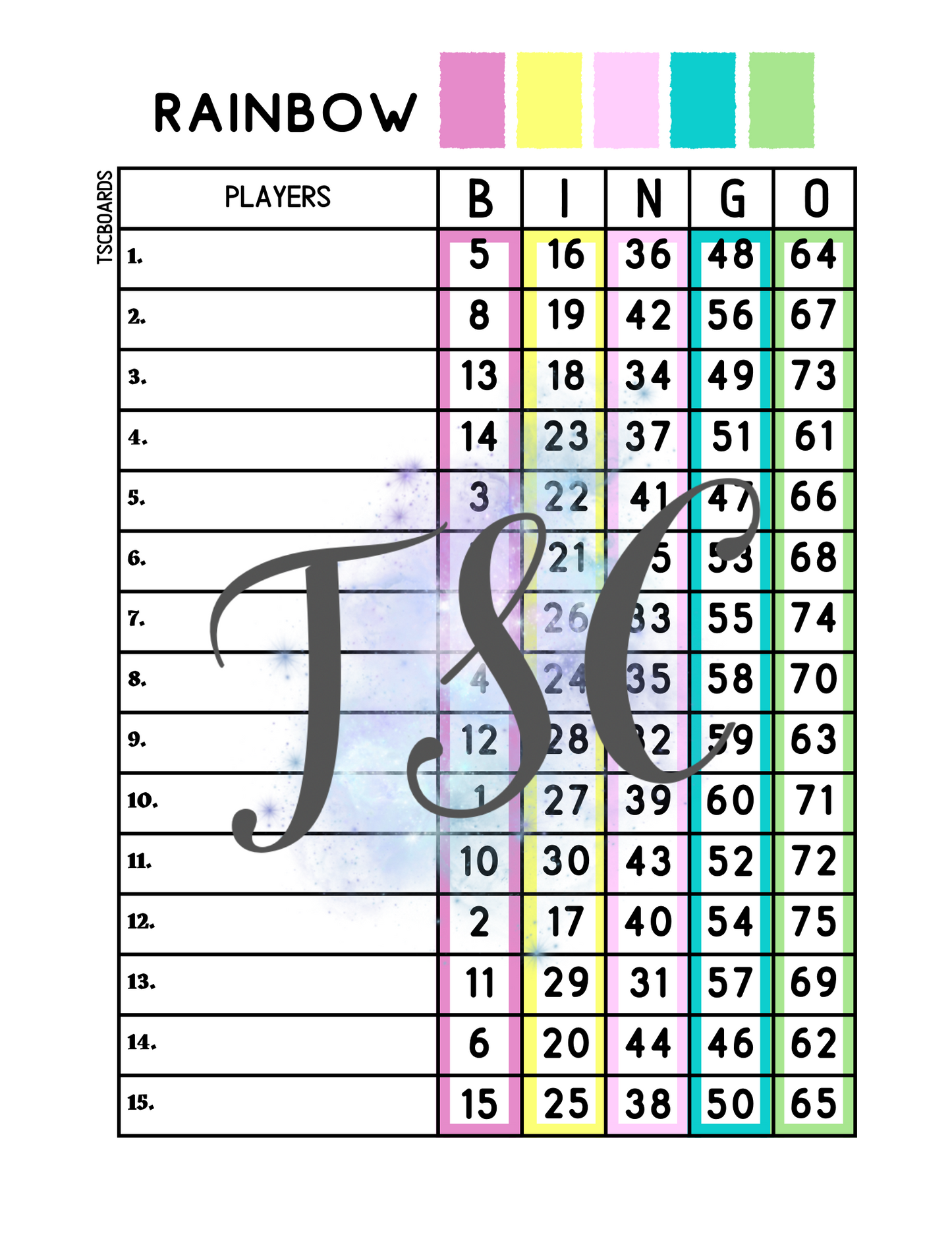 Rainbow Bingo Board 1-75 Ball