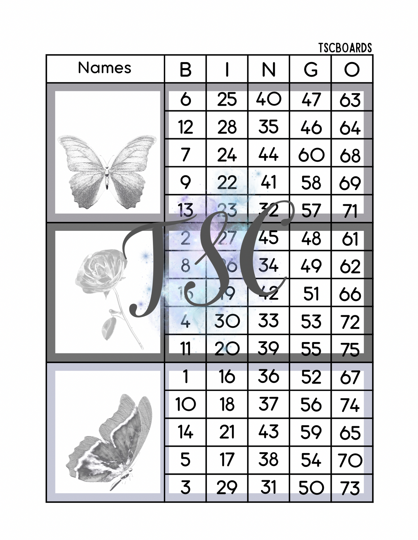 Silver Butterflies Mega Block Bingo Board 1-75 Ball