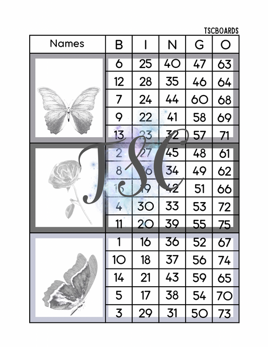 Silver Butterflies Mega Block Bingo Board 1-75 Ball