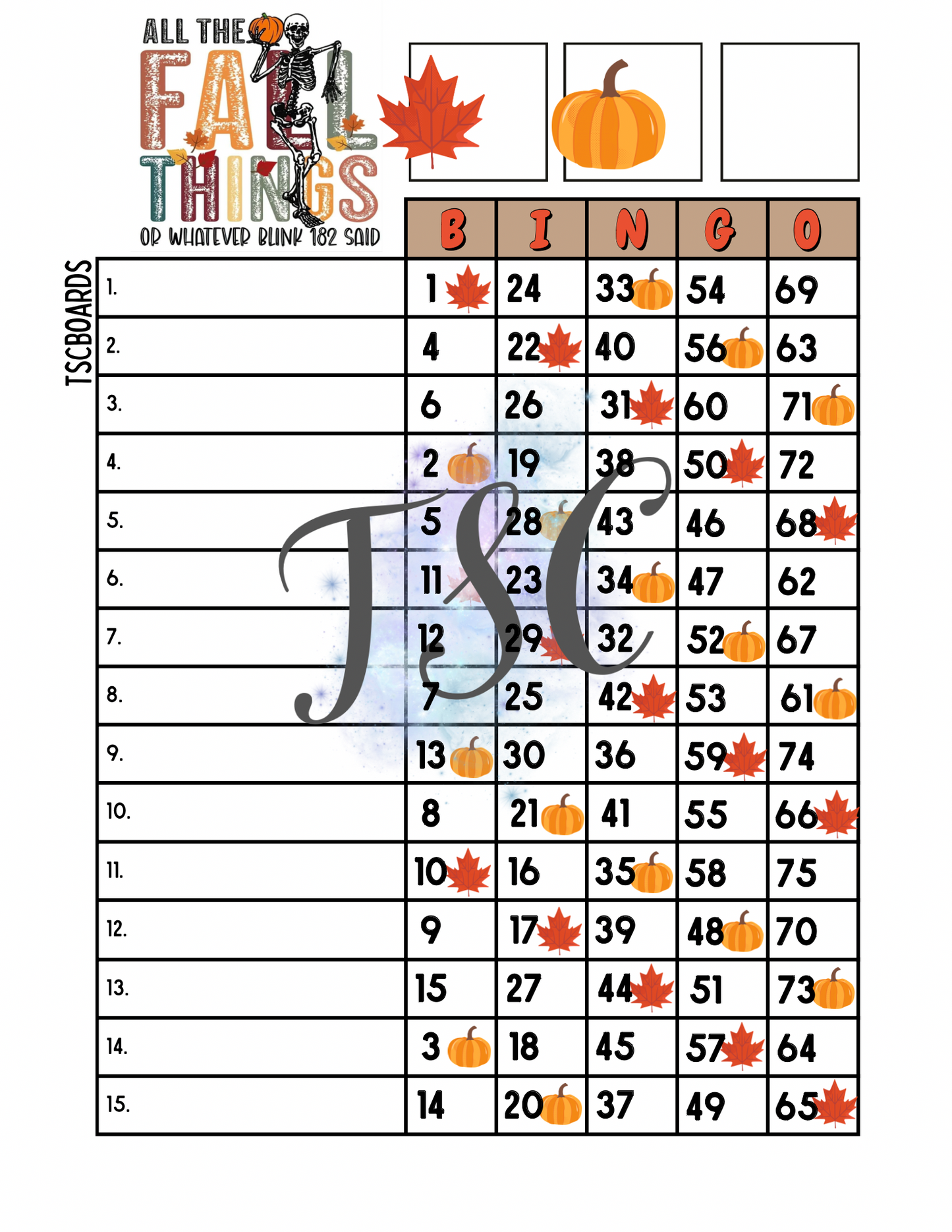 All The Fall Things Bingo Board 1-75 Ball
