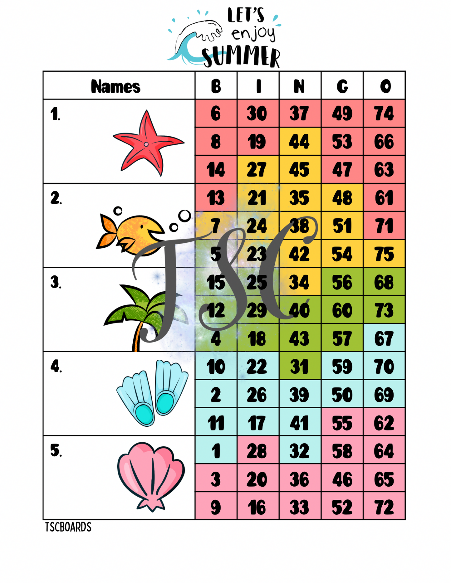 Let’s Enjoy Summer Tetris Block Bingo Board 1-75 Ball