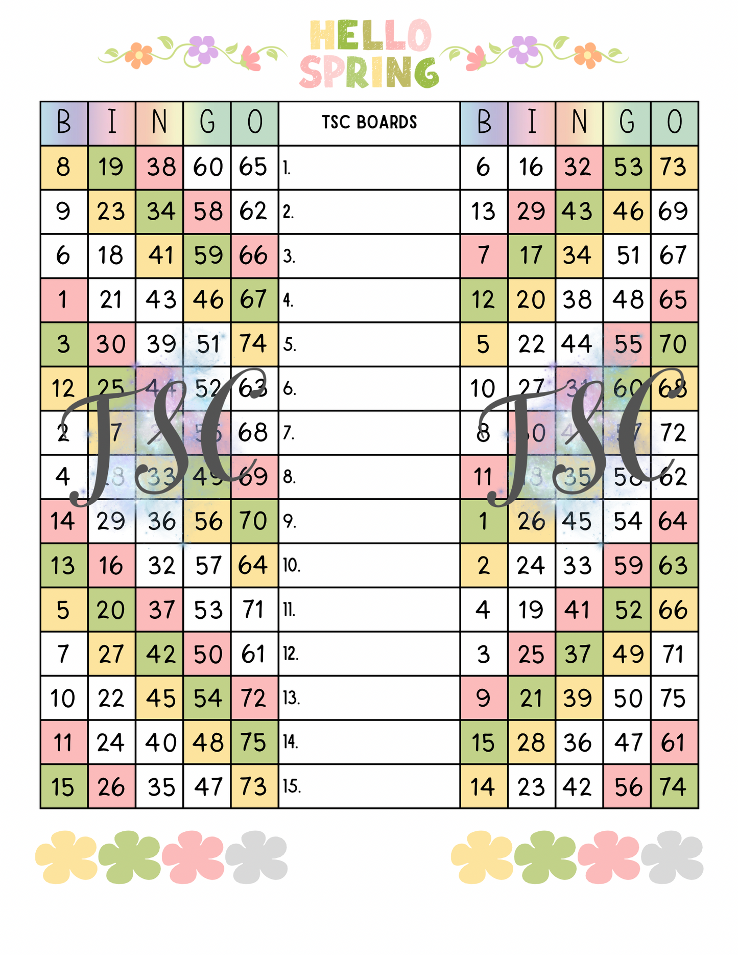 Hello Spring Double Page Bingo Board 1-75 Ball