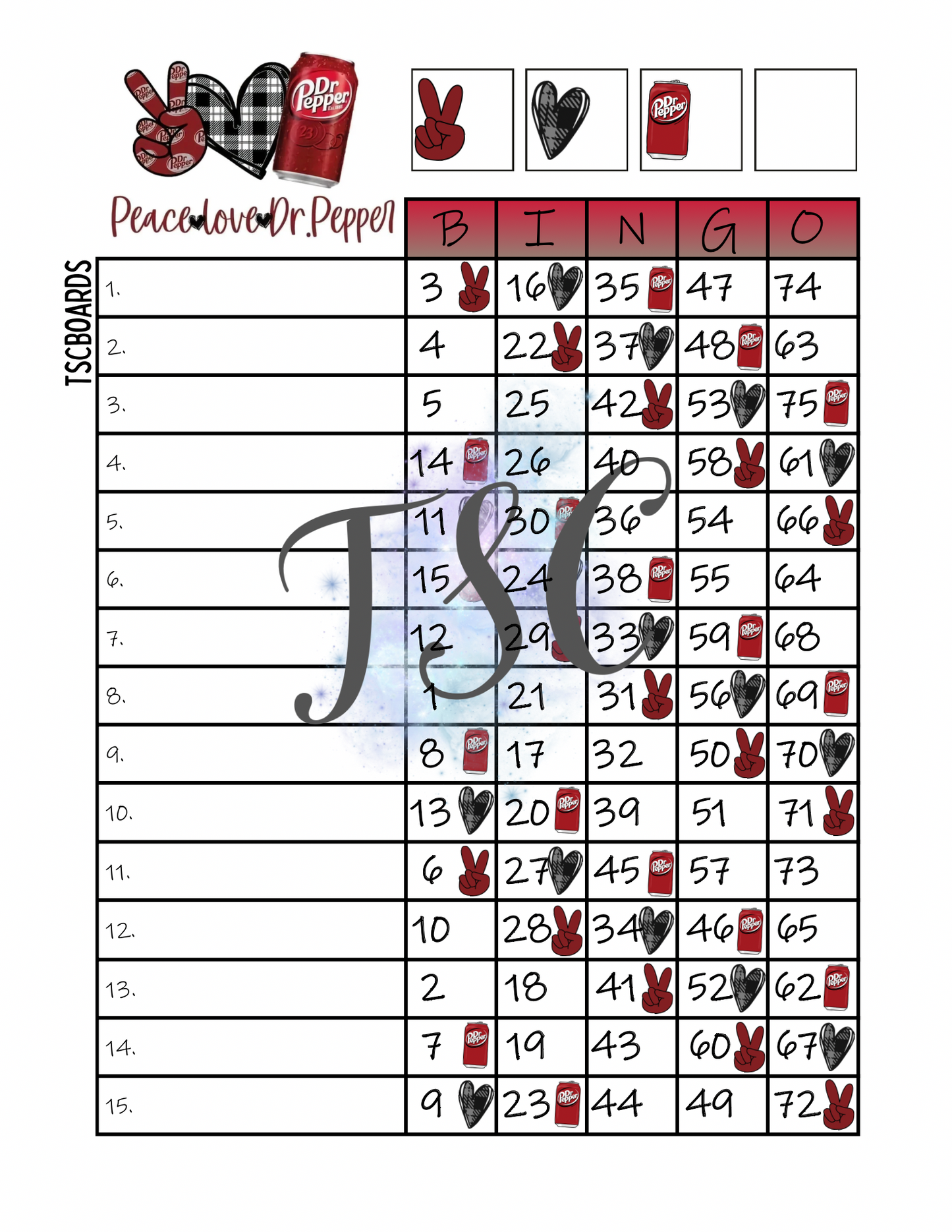 Peace Love Dr Pepper Bingo Board 1-75 Ball