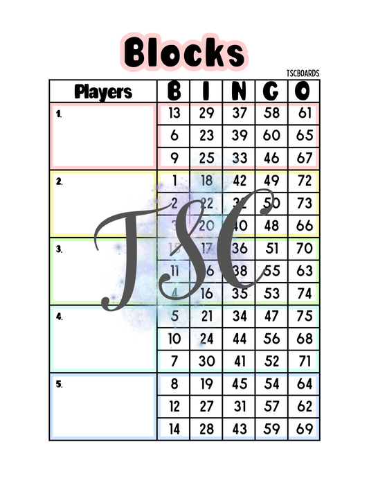 Rainbow Block Bingo Board 1-75 Ball