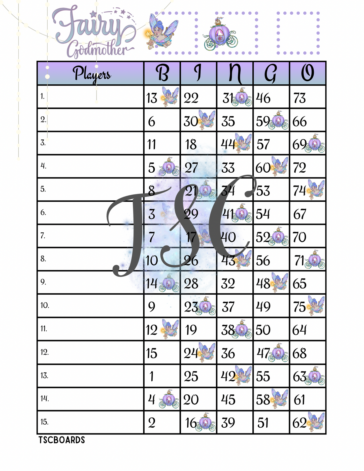 Fairy Godmother Bingo Board 1-75 Ball 1-15 Line