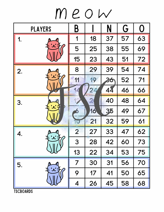 Meow Rainbow Block Bingo Board 1-75 Ball