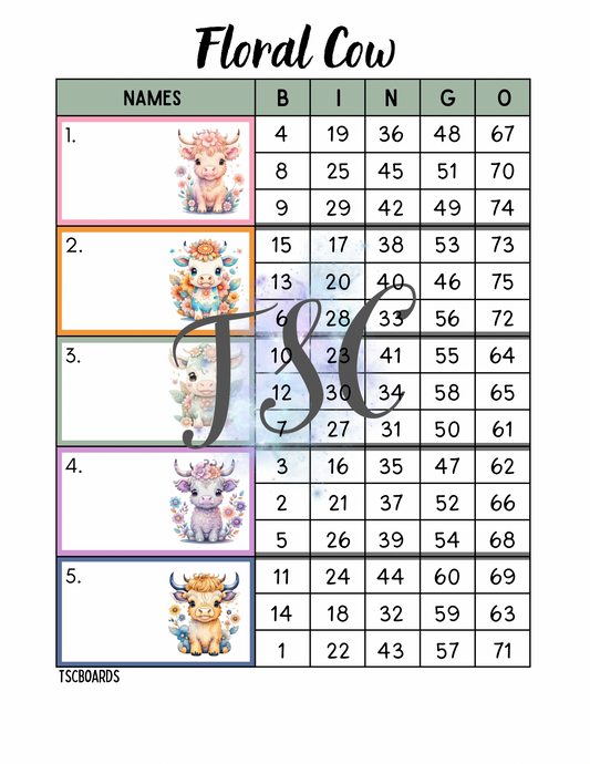 Floral Cow Block Bingo Board 1-75 Ball