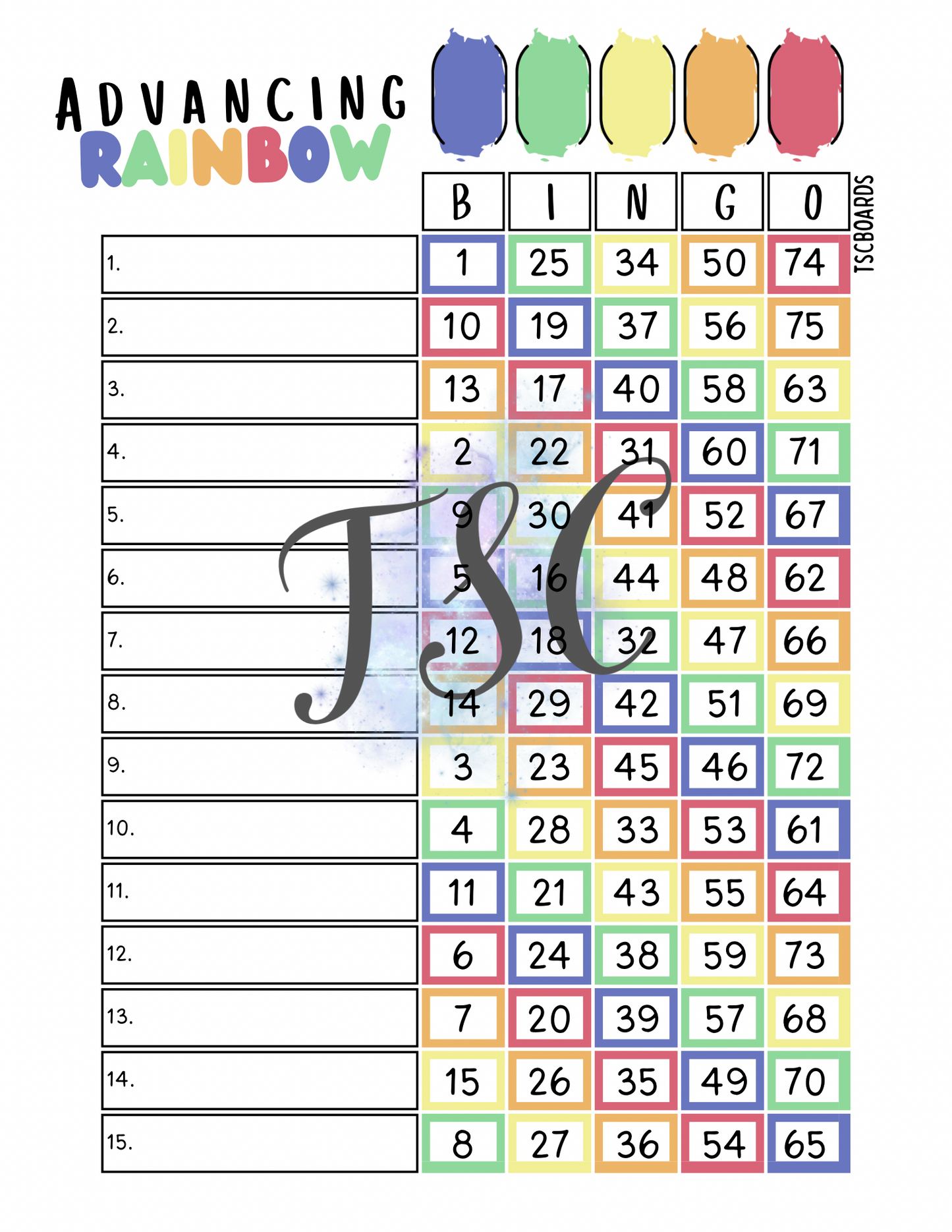 Advancing Rainbow Main Bingo Board 1-75 Ball