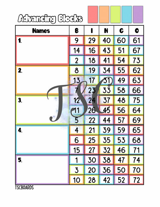 Advancing Blocks Bingo Board 1-75 Ball