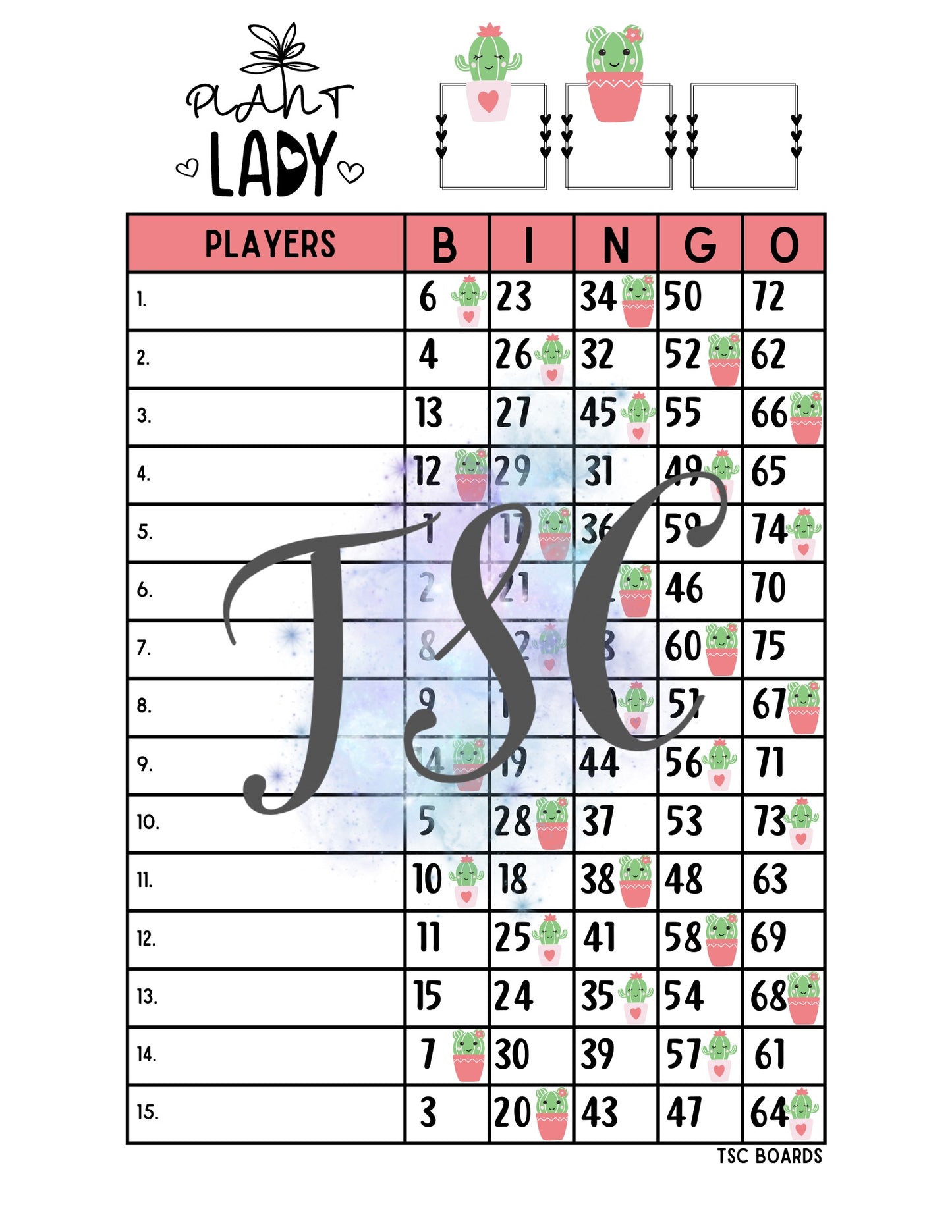 Plant Lady Bingo Board 1-75 Ball
