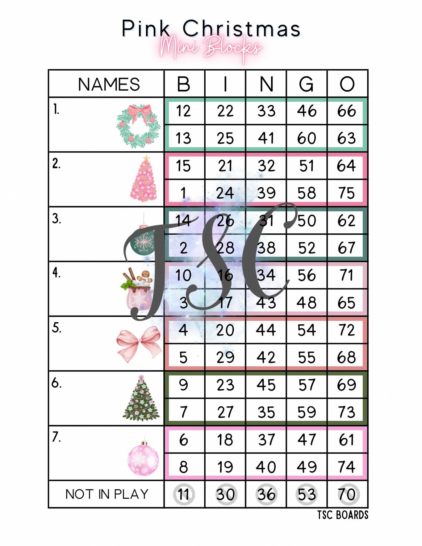 Pink Christmas Mini Blocks Bingo Board 1-75 Ball
