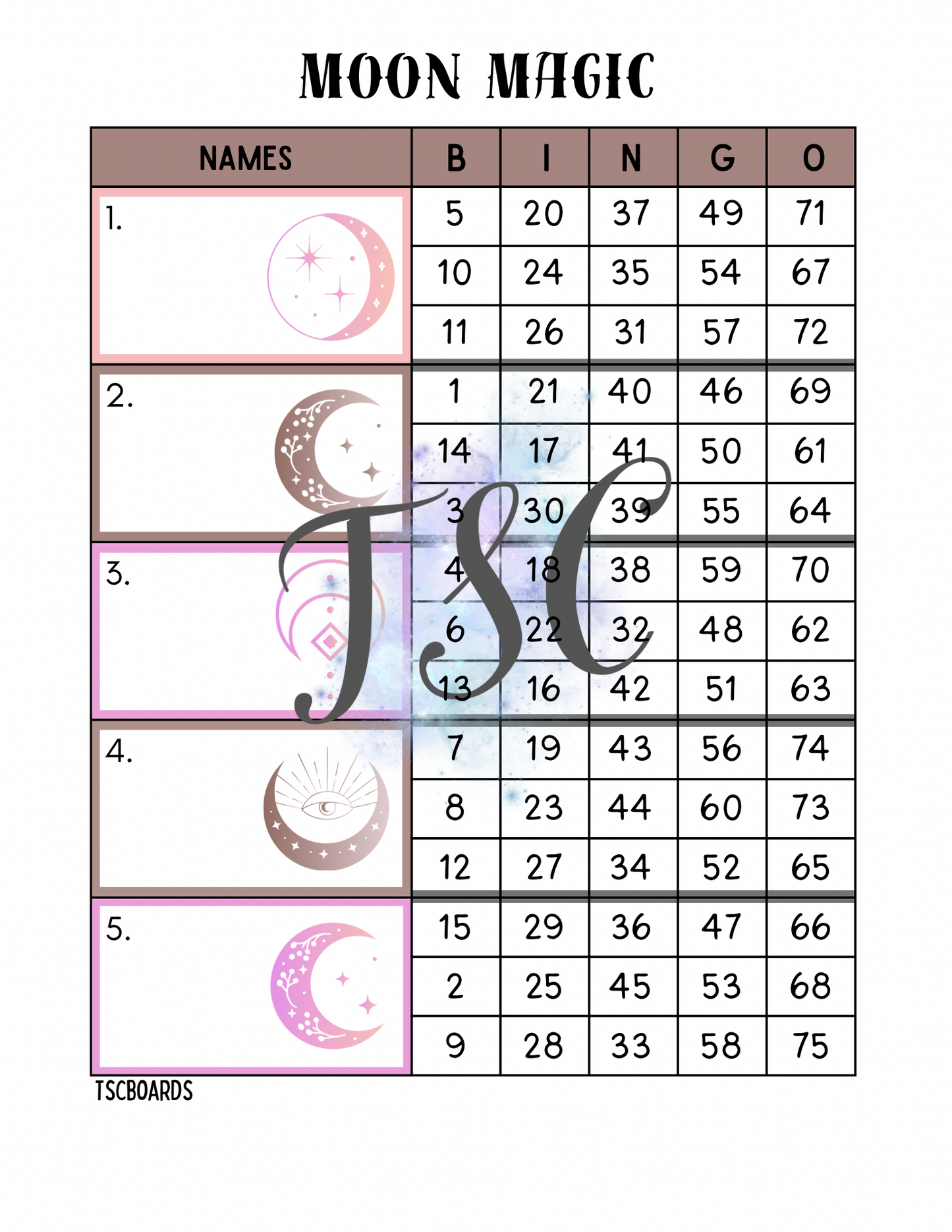 Moon Magic Block Bingo Board 1-75 Ball