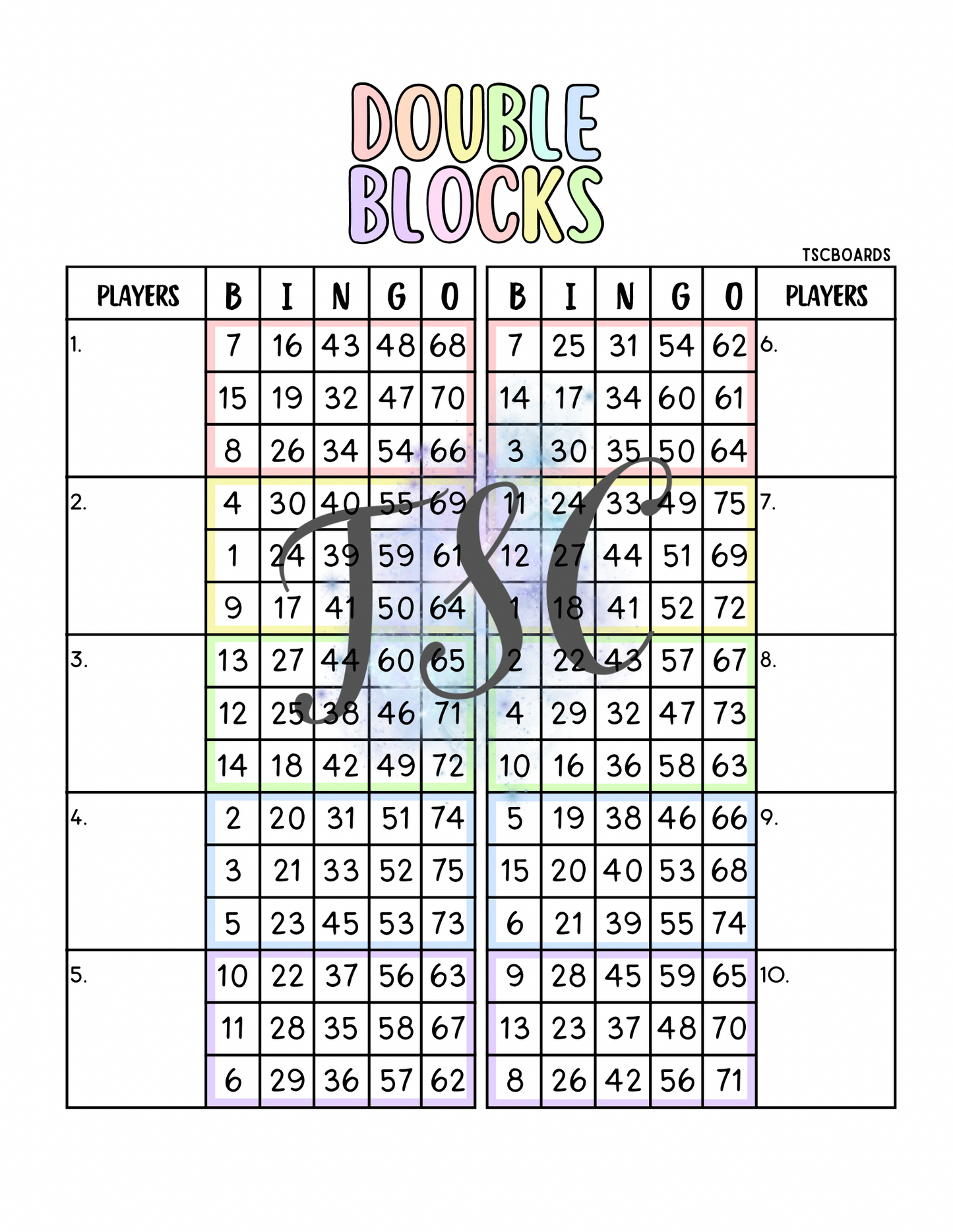 Double Blocks Pastel Bingo Board 1-75 Ball