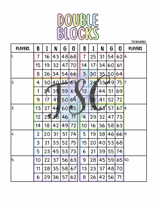 Double Blocks Pastel Bingo Board 1-75 Ball