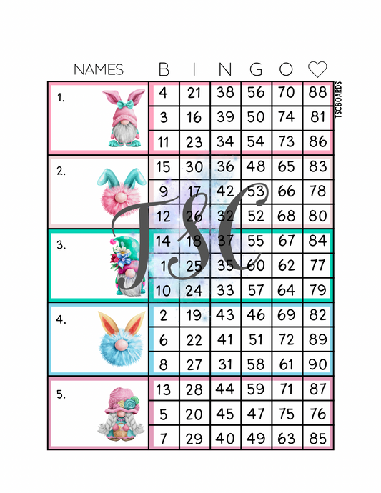 Easter Gnomes Block Bingo Board 1-90 Ball