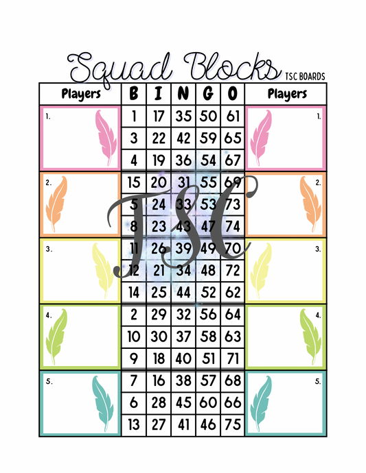 Squad Blocks Feather Bingo Board 1-75 Ball
