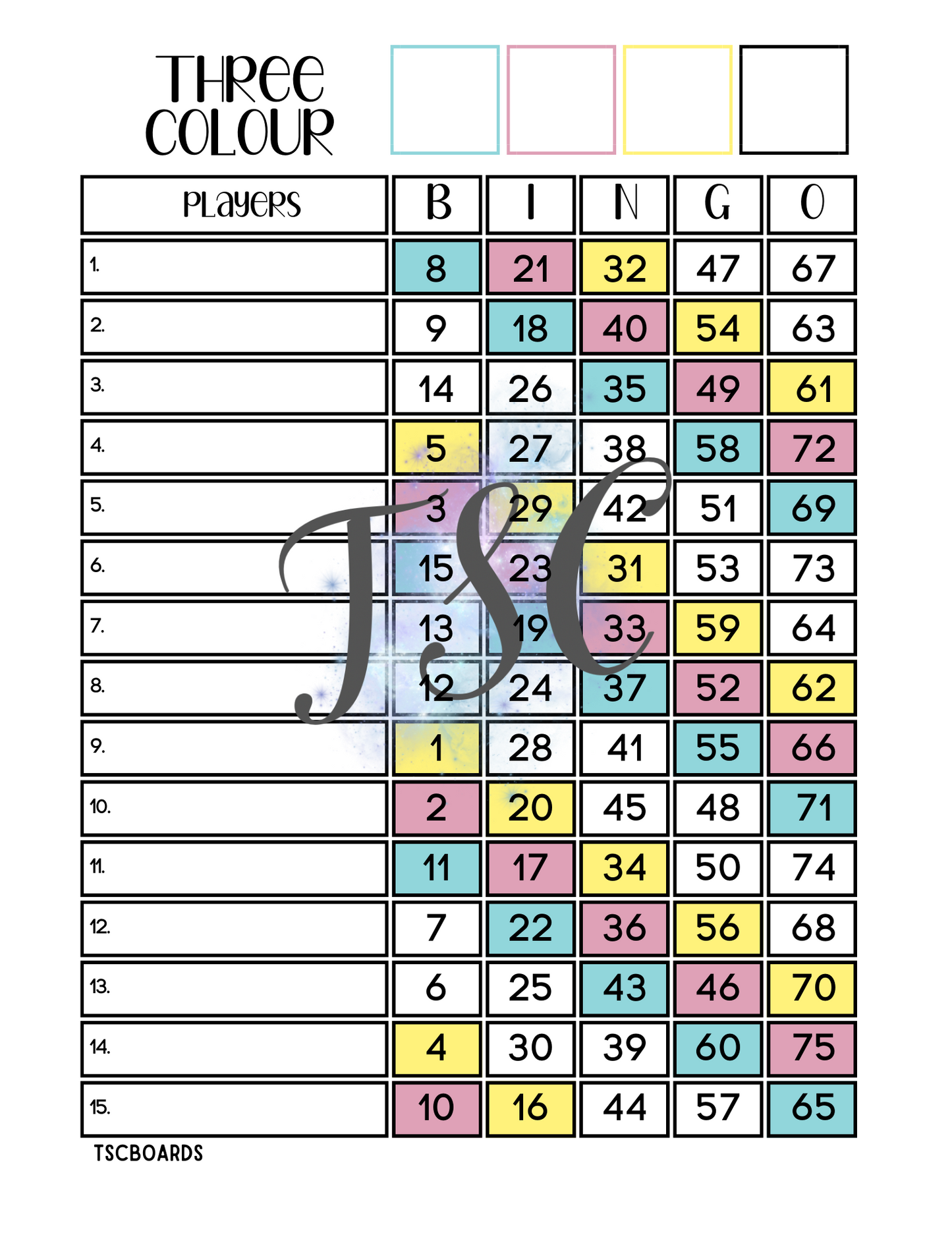 Three Colour Bingo Board 1-75 Ball