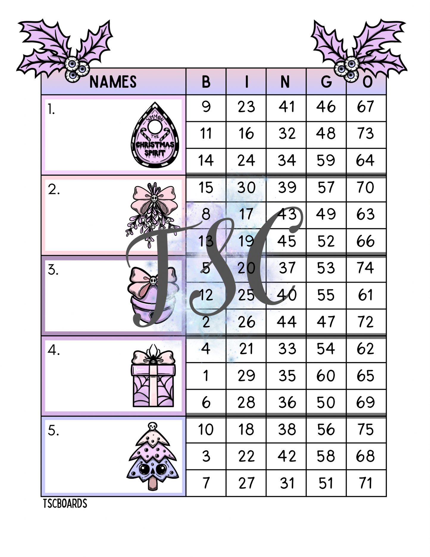 Pastel Christmas Spirit Block Bingo Board 1-75 Ball