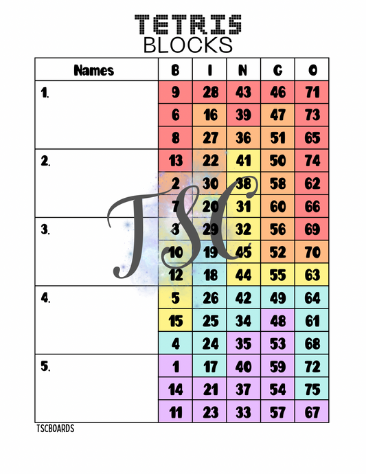 Tetris Block Bingo Board 1-75 Ball
