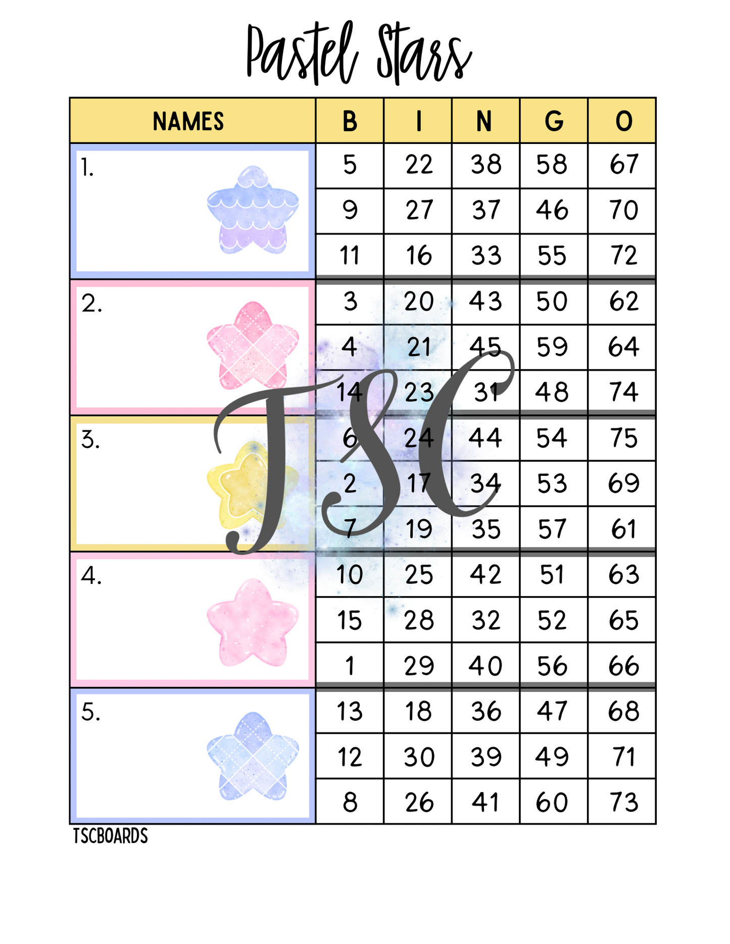 Pastel Stars Block Bingo Board 1-75 Ball
