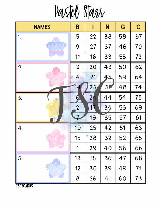 Pastel Stars Block Bingo Board 1-75 Ball
