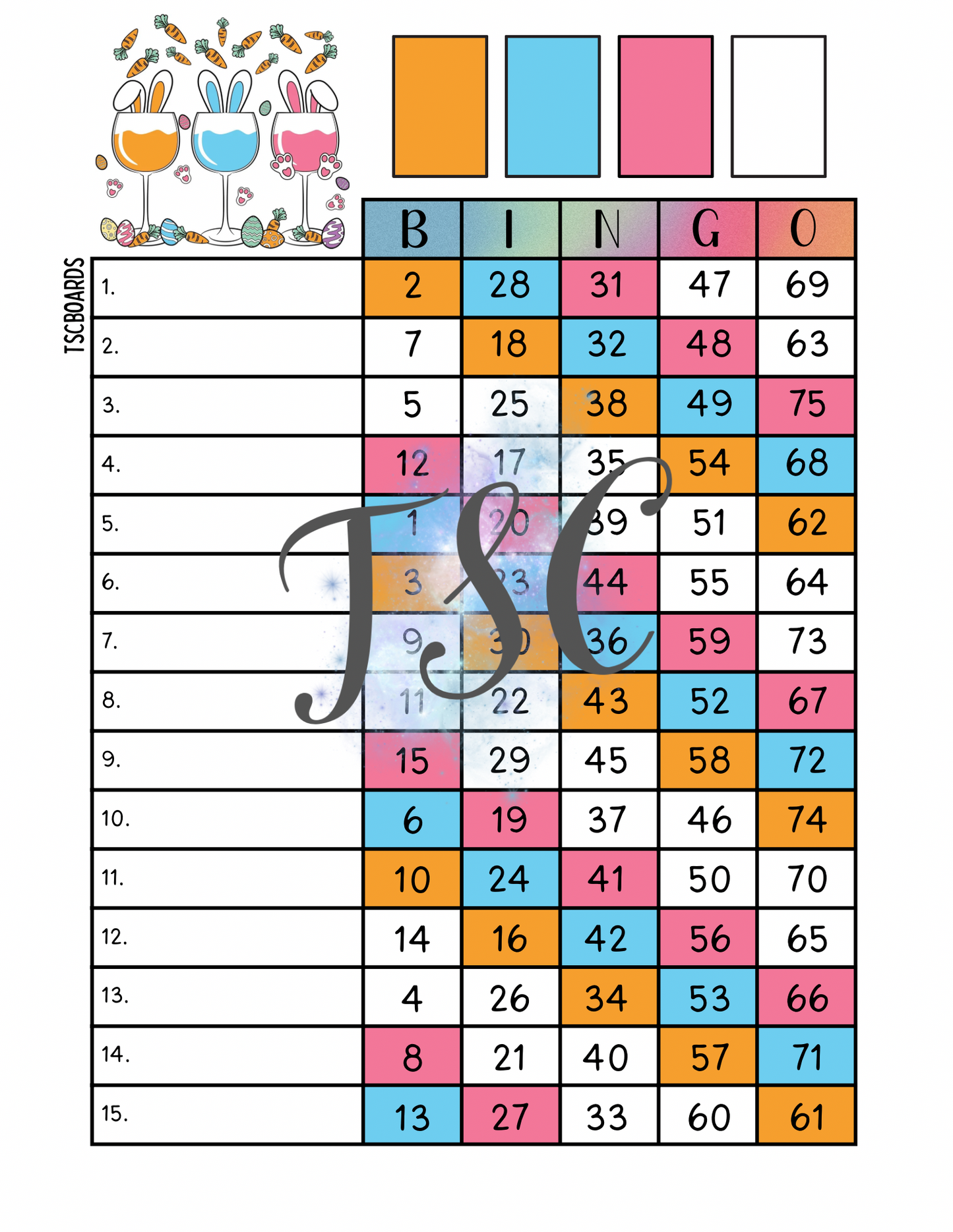 Easter Drinks Bingo Board 1-75 Ball