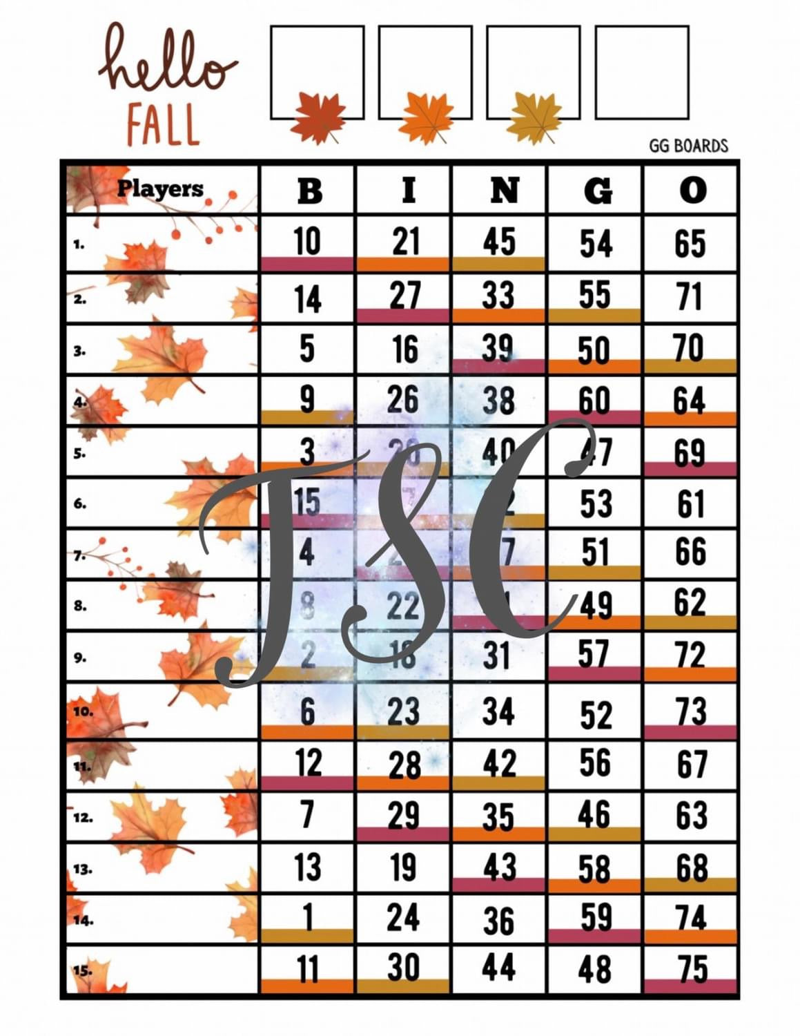 Hello Fall Three Colour Bingo Board 1-75 Ball 1-15 Line