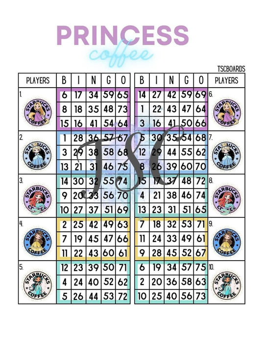 Princess Coffee Double Block Bingo Board 1-75 Ball