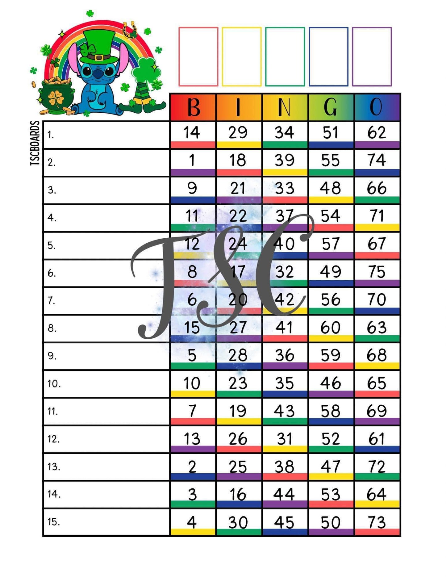 Stitch Rainbow Bingo Board 1-75 Ball