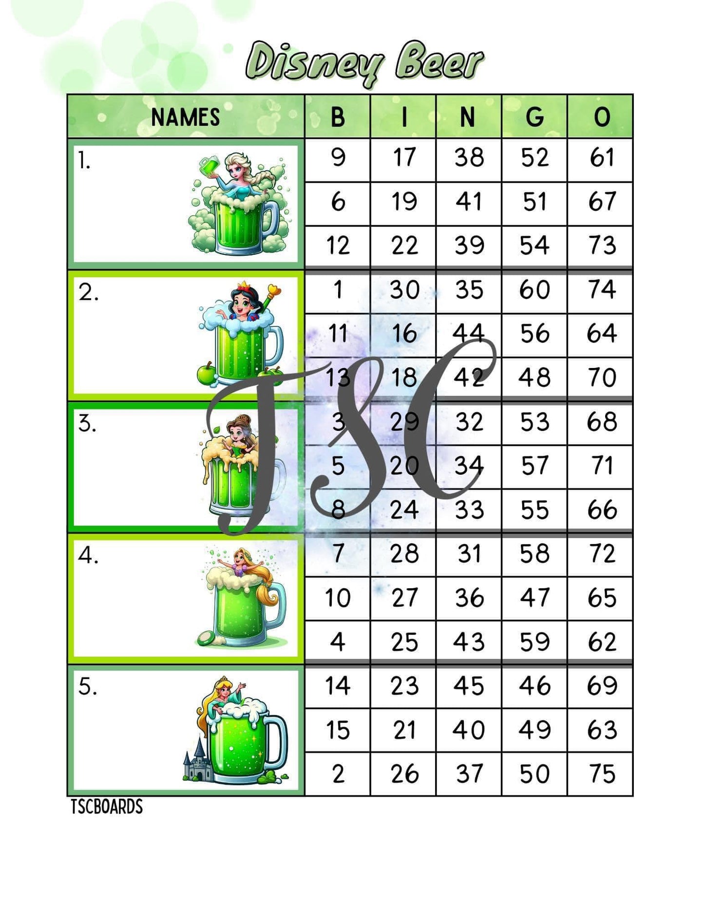 Green Character Beer Block Bingo Board 1-75 Ball